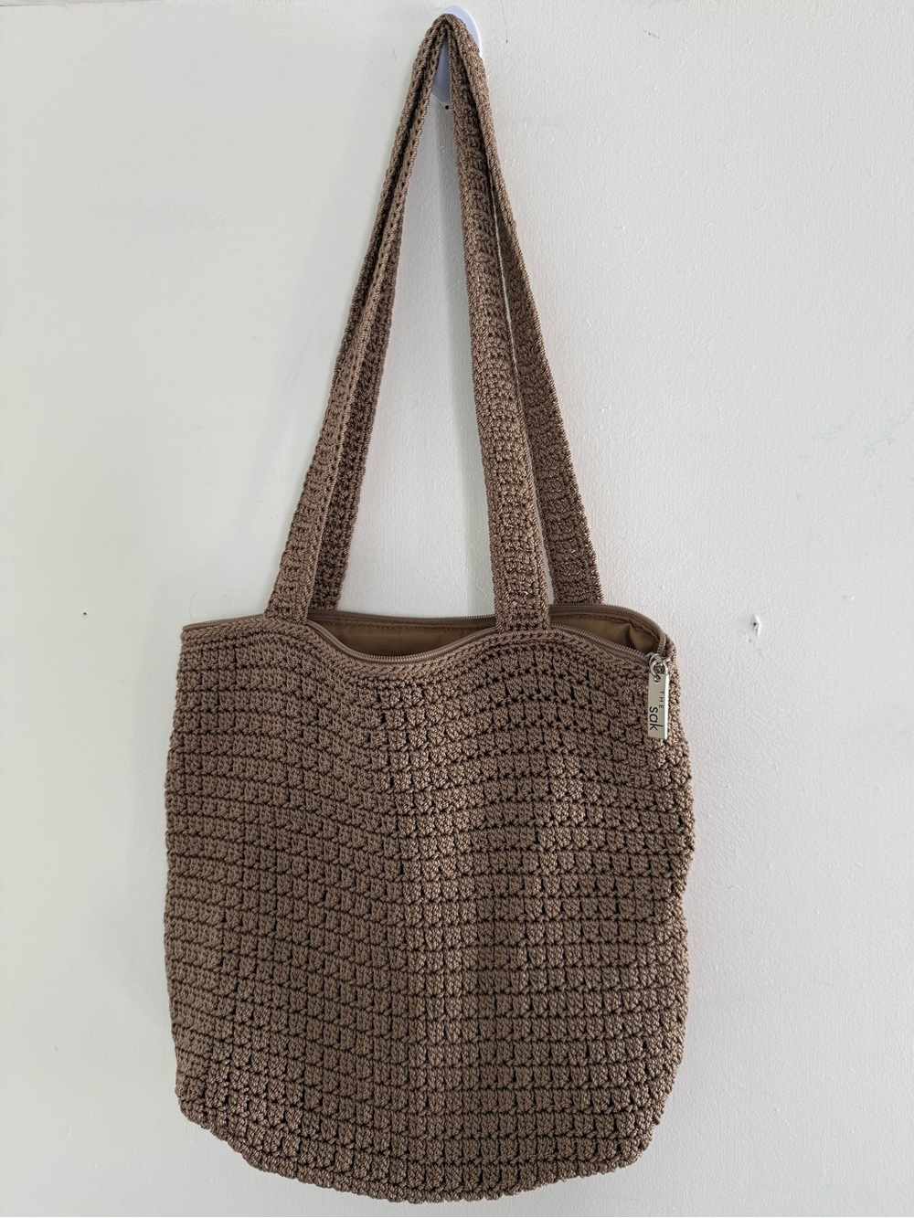 The Sak Brown Crochet Shoulder Tote Bag Zip Top Boho Handbag